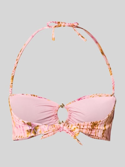 Produktfoto, Slim Fit Bikini-Oberteil mit Logo-Detail Modell 'Ines' von Guess für Damen aus Elastischer-Material-Mix in Rosa mit Muster, feine Struktur, Damen Bikini-Oberteil von Guess, Slim-Fit, Modell 'Ines', Logo-Detail.