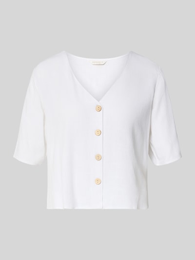 Produktfoto, Hemdbluse aus Viskose-Mix mit Leinen-Anteil von Apricot in Weiß, gerader Schnitt, V-Ausschnitt, sichtbare Knopfleiste, 1/2-Arm