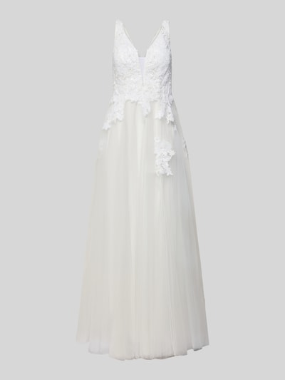 Productfoto, Brautkleid met hartvormige halslijn van Mascara, wit, getailleerde snit, ondoorzichtig onderkleed, sierdetails, ritssluiting.