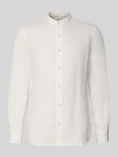 Produktfoto, weißes Regular Fit Leinenhemd mit Stehkragen von Scotch & Soda, reine Leinenstruktur, Knopfleiste, glatte Oberfläche