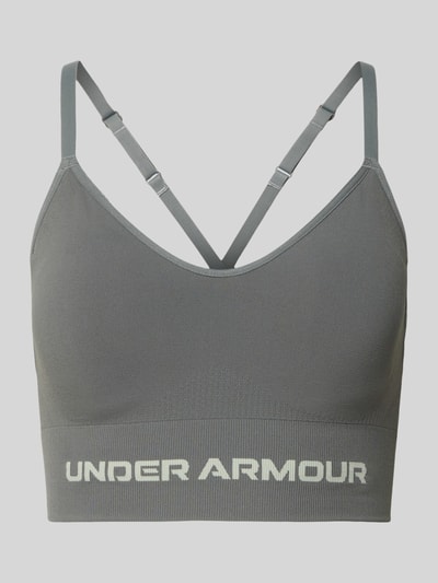 Productfoto, Slim Fit SportBH met logo-print model 'Vanish' van Under Armour, elastische materiaalmix, verstelbare schouderbanden, grijs