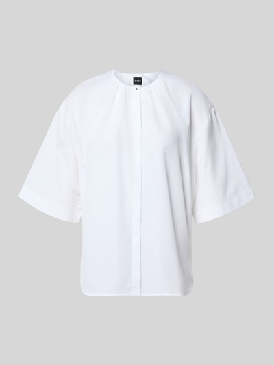 Produktfoto, witte regular fit blouse met korte mouwen van puur katoen model 'BANORENA' van BOSS, dames, effen design, gladde textuur.
