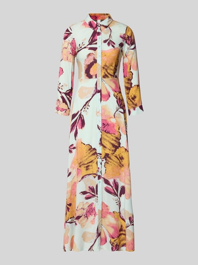 Produktfoto, Hemdblusenkleid aus Viskose mit Knopfleiste Modell 'SAVANNA' von YAS w A-linii, długość maxi, wzór allover, czysto biały z żółtymi, różowymi i bordowymi kwiatowymi motywami, długość tyłu w rozmiarze S: 140 cm, szerokość w rozmiarze S: 47 cm, długość rękawa w rozmiarze S: 49 cm