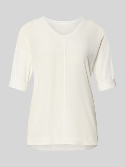 Produktfoto, T-Shirt mit Ärmelaufschlag und Rundhalsausschnitt von Marc Cain, Damen T-Shirt aus Baumwoll-Mix mit Stretch-Anteil, Straight Fit, Label-Detail, Rückenlänge bei Größe 36: 62 cm, cremefarben, glatte Textur