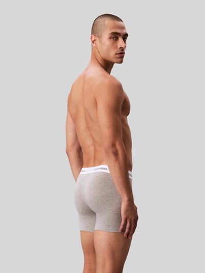 Männermodel trägt Pant & Trunk mit elastischem Label-Bund im 3er-Pack von Calvin Klein Underwear, grau, Baumwoll-Elasthan, Ganzkörperansicht Rückansicht.