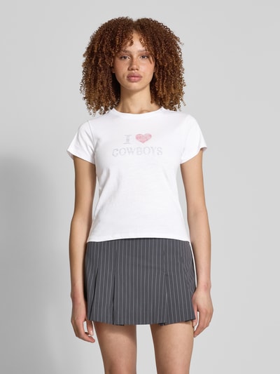 Review T-shirt z prążkowanym okrągłym dekoltem Biały 4