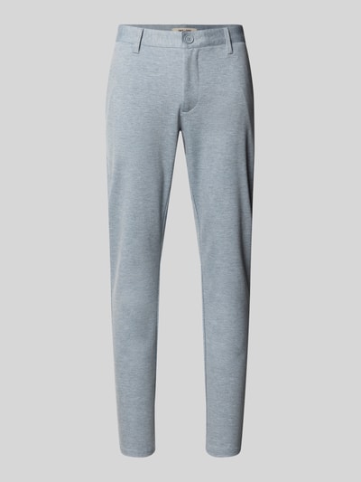 Produktfoto, Slim Fit Chino aus Viskose-Mix Modell 'MARK' von Only & Sons, szary melanż, gładka tekstura, krój slim fit, pasek, szlufki, tylne i boczne kieszenie, zapięcie na guzik oraz kryty zamek, detal z logo, materiał: mieszanka wiskozy.