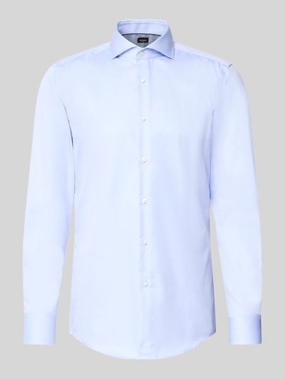 Produktfoto, hellblaues Slim-Fit Businesshemd aus reiner Baumwolle Modell 'H-HANK-SP-B1' von BOSS für Herren vor grauem Hintergrund
