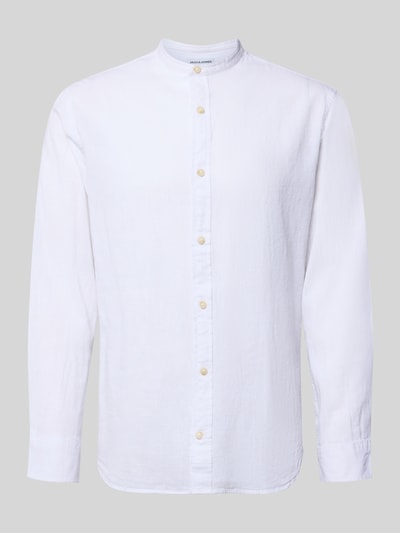 Produktfoto, weißes Regular Fit Freizeithemd aus Baumwoll-Leinen-Mix von Jack & Jones, Stehkragen und Knopfleiste, glatte Textur