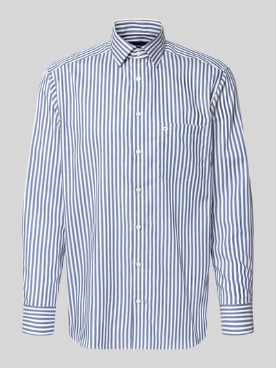 Produktfoto, Comfort Fit Businesshemd aus reiner bawełna von OLYMP Luxor, białe i niebieskie pionowe paski, tekstura gładka
