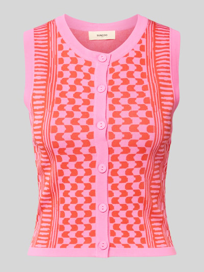Produktfoto, Strickweste aus Viskose-Mix Modell 'GABLESI' von SUNCOO PARIS in Pink mit Muster, Knopfleiste, Körpernahe Passform, Ärmelloses-Design, Rundhalsausschnitt, Rückenlänge bei Größe S 47 cm