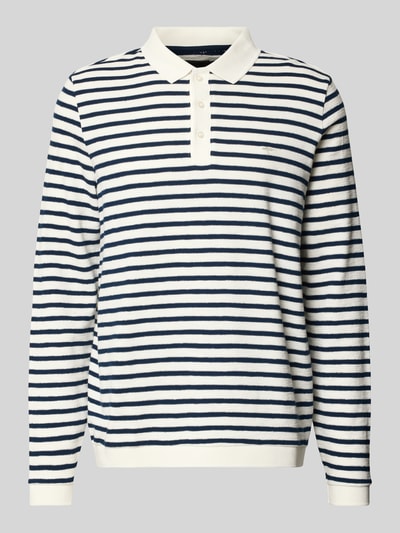 Produktfoto, Sweatshirt im Allover-Look mit Polokragen von Fynch-Hatton, weiße und dunkelblaue Streifen, Knopfleiste, Reine Baumwolle, Regular-Fit, strukturierte Oberfläche