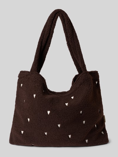 Produktfoto, Tote Bag aus Teddyfell von Studio Noos in Braun mit weißem Allover-Stitching, Schulterriemen, offene Struktur, weiche Textur, Maße: 60x40x10 cm, Riemenlänge 72 cm