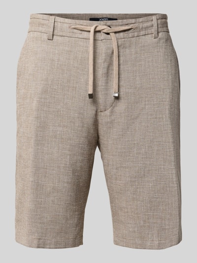 Produktfoto, Slim Fit Bermudas mit Kordelzug und Gesäßtaschen von JOOP! Collection, beigefarbener Material-Mix mit Leinen-Anteil, strukturierte Oberfläche, Slim-Fit, Kordelzug, Gesäßtaschen, Bundweite 46 cm, Innenbeinlänge 25 cm, moderne Herren Bermudas
