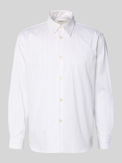Produktfoto, Relaxed Fit Freizeithemd aus reiner Baumwolle Modell 'GEORGE' von SELECTED HOMME, weiß mit feinen Streifen, Popeline Textur, mehrfarbig, Haifischkragen, lange Ärmel, Knopfleiste, Herrenmode