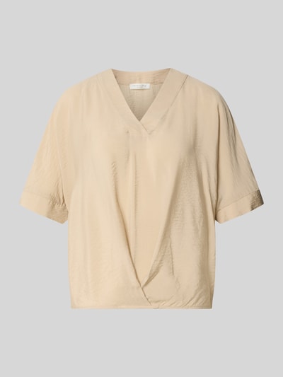 Produktfoto, Blusenshirt mit V-Ausschnitt von Christian Berg Woman in Beige, glatte Textur, 1/2-Arm, Drapierung, Regular-Fit, Damen, Rückenlänge 31 cm, Ärmellänge 61 cm bei Größe 36