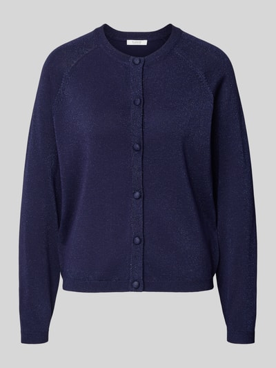 Produktfoto, donkerblauwe schimmerende cardigan Schimmernder Cardigan aus Viskose-Mix Modell 'MOBBE' van B.Young met ronde hals en knoopsluiting, regular fit, viscosemix, lengte 57 cm, mouwlengte 60 cm.