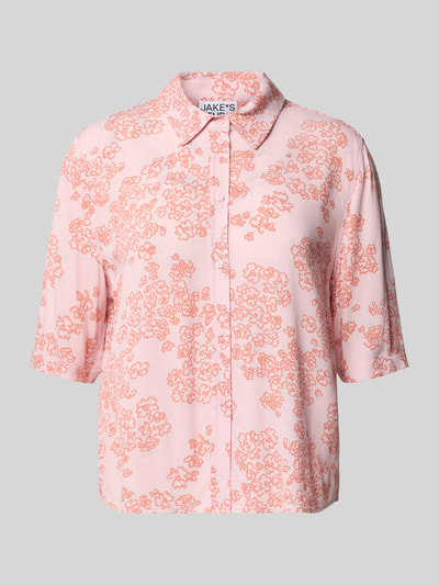 Produktfoto, Regular Fit Hemdbluse aus reiner Viskose von JAKE*S STUDIO WOMAN mit floraler Allover-Print, Hemdblusenkragen, Halbarm und durchgängiger Knopfleiste, Farbton Rosa mit orangefarbenem Muster, glatte Textur, Rückenlänge 55 cm, Ärmellänge 29 cm bei Größe 36.