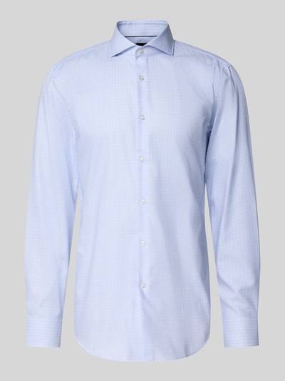 Produktfoto, Slim Fit Businesshemd aus reiner Baumwolle Modell 'HANK' von BOSS in hellblau mit feinem Karomuster, glatte Textur. Herren Businesshemd von BOSS