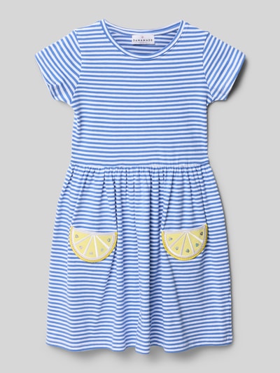Productfoto, Regular Fit Shirtkleid met siersteentjes van DANAMADE, kinderen, opgestikte zakken met motiefstitching, ronde hals, met korte mouwen, getailleerde pasvorm, ruglengte maat 116: 62 cm, blauw-wit gestreept, zachte katoenstructuur