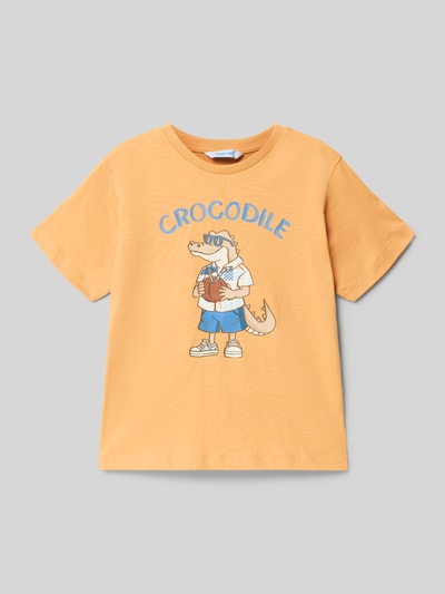 Produktfoto, Regular Fit T-Shirt mit Motiv-Print von Mayoral, Kinder T-Shirt aus reiner Baumwolle, Statement-Print, Rundhalsausschnitt, Rückenlänge 45 cm bei Größe 116, orange mit Krokodil-Motiv und blauen Elementen