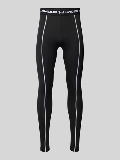 Produktfoto, Leggings mit elastischem Bund und Label-Details von Under Armour in Schwarz mit weißen Nähten, Material-Mix mit Stretch-Anteil, körpernahe Passform, Innenbeinlänge bei Größe M 78 cm