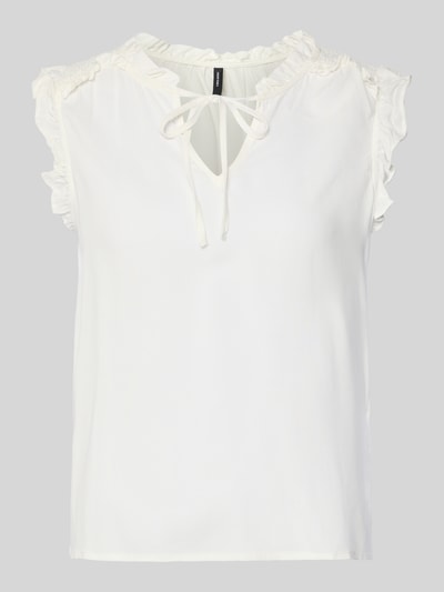 Produktfoto, Regular Fit Blusentop aus reiner Viskose Modell 'ALBA' von Vero Moda in Unifarbe Weiß mit V-Ausschnitt, Rüschenkragen und gebundenem Detail