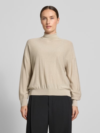 Kobiece model nosi sweter z golfem z mieszanki lyocellu Model 'GESTO' od Marella, luźny krój, błyszczący efekt, beżowy, całkowity widok z przodu