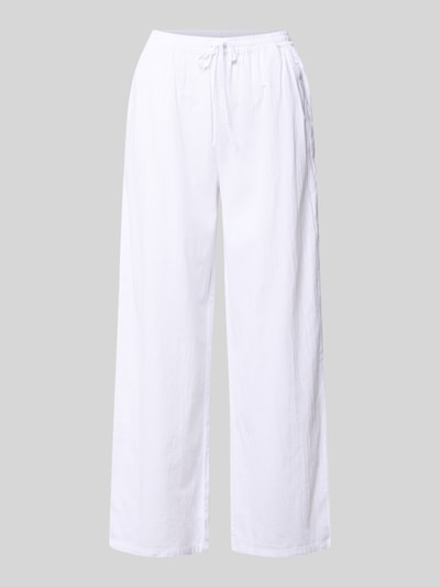 Produktfoto, witte stoffen broek van puur katoen, wide leg, verkorte pasvorm, elastische band met tunnelkoord, model 'CISSIE' van Soyaconcept, dames, bandwijdte maat S 37 cm, binnenbeenlengte maat S 73 cm, gladde kleur, lichte textuur