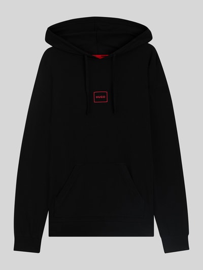 Produktfoto, schwarzer Regular Fit Hoodie aus Baumwoll-Mix Modell 'LAZE' von HUGO mit Kängurutasche, Label Print und gerippten Abschlüssen