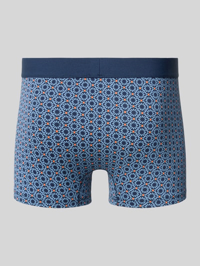 Produktfoto, Slim Fit Trunks mit Logo-Detail im 3er-Pack von Schiesser aus elastischem Baumwoll-Mix, blau gemustert, elastischer Bund