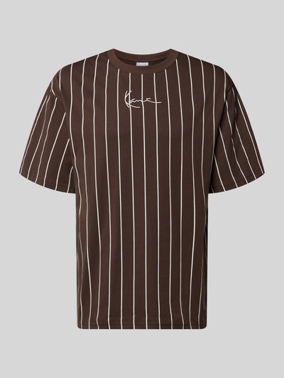 Produktfoto, Regular Fit T-Shirt mit Logo-Stitching von KARL KANI, braun mit weißen Streifen, Reine Baumwolle, Rundhalsausschnitt, Herren T-Shirt, Rückenlänge 85 cm bei Größe M