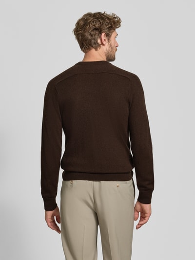 Männermodel trägt Regular Fit Strickpullover aus reinem Kaschmir von FTC Cashmere in Dunkelbraun, Stehkragen, gerippte Abschlüsse, Ganzkörperansicht Rückansicht.