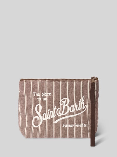 Produktfoto, Kosmetiktasche aus Baumwolle mit Reißverschluss Modell 'Aline' von MC2 Saint Barth, braun-weiß gestreift, Statement-Stitching, Label-Details, strukturiertes Textil.