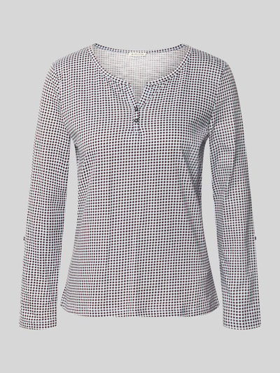 Produktfoto, Regular Fit Langarmshirt aus reiner Baumwolle von Tom Tailor, weiß mit blauem Muster, strukturierte Oberfläche, Damen Langarmshirt von Tom Tailor