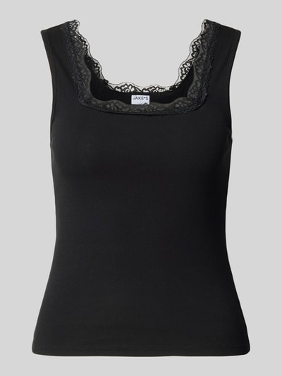 Produktfoto, Regular Fit Top mit Spitzenbesatz von Jake*s Casual in Schwarz, ärmelloses Design, körpernahe Passform, Rückenlänge 37 cm bei Größe S