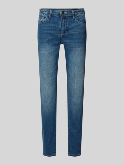 Produktfoto, Slim Fit Jeans im 5-Pocket-Design van ARMANI EXCHANGE in blauwe elastische katoenmix, lichte wassingen, context: damesjeans, slim fit, vijf zakken, knoop- en ritssluiting, taillewijdte maat 27: 38 cm, binnenbeenlengte maat 27: 75 cm