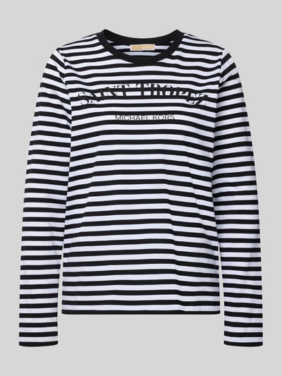 Produktfoto, shirt met lange mouwen van MICHAEL Michael Kors, zwart-wit gestreept, puur katoen, recht model, ronde hals, statementprint, ruglengte maat S 63 cm