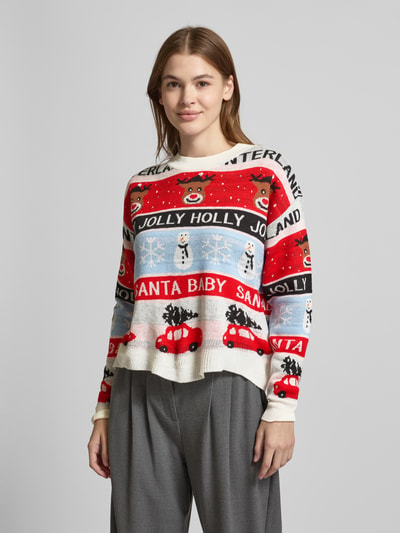 Vero Moda Comfort Fit Strickpullover mit weihnachtlichem Allover-Muster Modell 'HOLLY' Beige 4