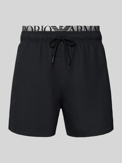 Produktfoto, Relaxed Fit Badeshorts mit Logo-Stitching von Emporio Armani in Schwarz, elastischer Bund mit Tunnelzug, glatte Textur, Vorderansicht