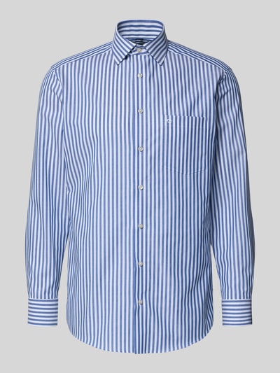 Produktfoto, Regular Fit Business-Hemd mit Kentkragen von OLYMP, Reine Baumwolle, Allover-Look in Blau-Weiß, Rückenlänge 80 cm, Schulterbreite 47 cm, Ärmellänge 64 cm