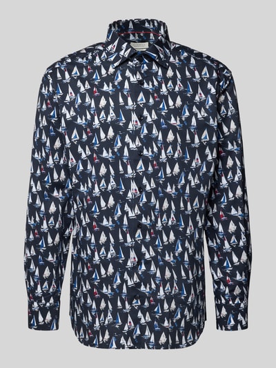 Produktfoto, Regular Fit Business-Hemd mit Kentkragen von ETERNA, reine Baumwolle, Allover-Motiv-Print mit Segelbooten, dunkelblau-weiß, lange Ärmel, durchgehende Knopfleiste, Sportmanschetten, sportlich-elegantes Design