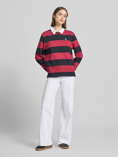 REVIEW Polo-Langarmshirt mit Streifen und kontrastiger Knopfleiste Dunkelblau 1