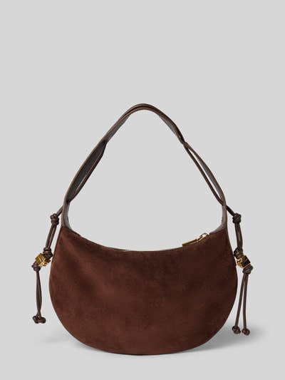 Produktfoto, Handtasche aus echtem Leder Modell 'MOON' von Coccinelle in Dunkelbraun, samtige Oberfläche, goldene Details, Context: Echtes Leder, Schulterriemen 48 cm, Hauptfach mit Reißverschluss, Innentasche, Label-Details, Maße: 25x19x6 cm