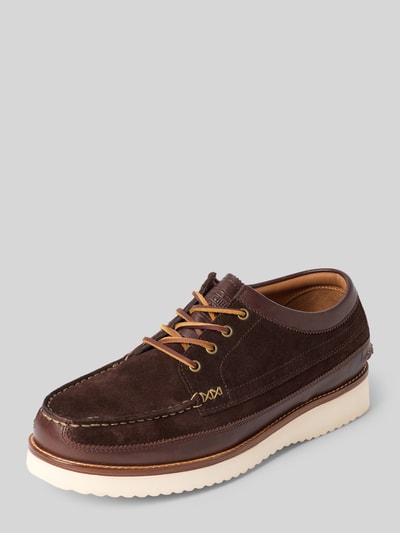 Produktfoto, braune Schnürschuhe aus echtem Rindsleder Modell 'RANGER WB' von Polo Ralph Lauren, Melange-Optik, flache Sohle, Glattleder