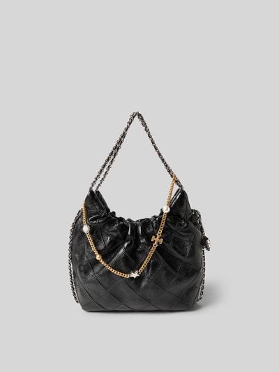 Produktfoto, Shoulder Bag in Leder-Optik von Tory Burch in Schwarz mit Strukturmuster, Ketten-Optik, Zierkette und offenem Hauptfach, Maße ca. 19x21x7 cm