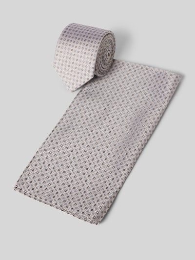 Produktfoto, Krawatte und Einstecktuch im Set aus Seide von Prince Bowtie, jasnobeżowy materiał z geometrycznym wzorem, klasyczna forma, komplet męski