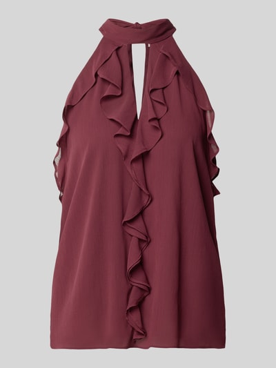 Produktfoto, Top mit Volants und Neckholder von V by Vera Mont in Weinrot-Chiffon, Straight Fit, Knoten-Detail, Vorder- und Rückseitiger Cut-Out, glatte Textur