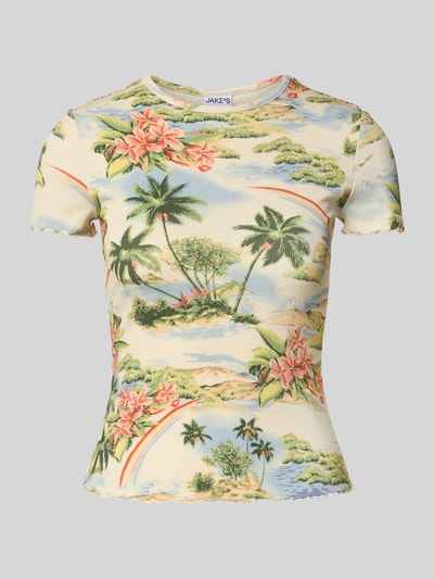 Jake*s Casual T-shirt in riblook met golvende zoom Ecru - 2