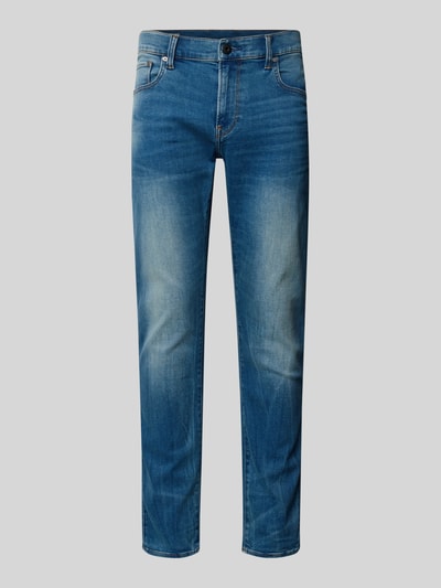 Produktfoto, Skinny Fit Jeans im Used-Look Modell 'REVEND' von G-Star Raw, mieszanka bawełny, z dodatkiem streczu, krój skinny fit, efekt znoszenia, szerokość w pasie 42 cm, długość wewnętrzna nogawki 79 cm, niebieski z jasnym przetarciem, gładka tekstura.
